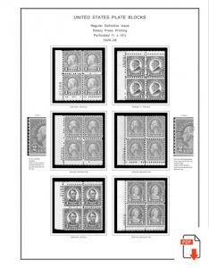 US 1901-1929 PLATE BLOCKS STAMP ALBUM PAGES (46 PDF b&w illustrated pages)