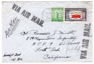 Defense 1c, Overrun Countries airmail to 87th Mountain Infantry Calif. Jul. 1943