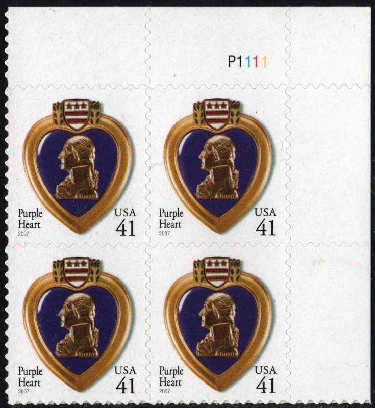 SC#4164 41¢ Purple Heart Plate Block: UR #P1111 (2007) SA