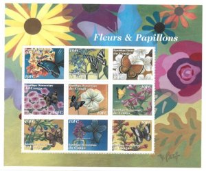 Congo 2001 - Flowers - Butterflies - Sheet of 9 Stamps - Scott #1608 - MNH