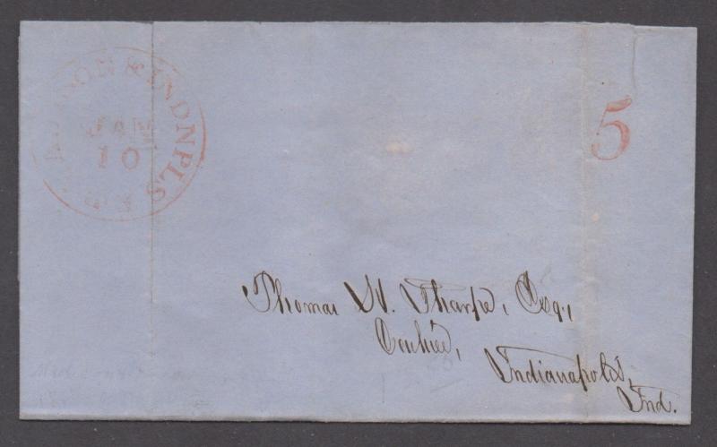 **US Stampless Cover, Madison & Indianapolis RR CDS 1/10/1857, Paid 5