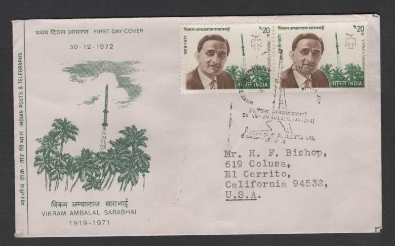 India #566  pair (1972 Vikram Sarabhai issue) addressed FDC