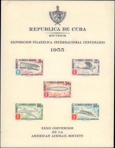 Cuba #C126a, Complete Set Souvenir Sheet, 1955, Airplanes, Zeppelin, Never Hi...