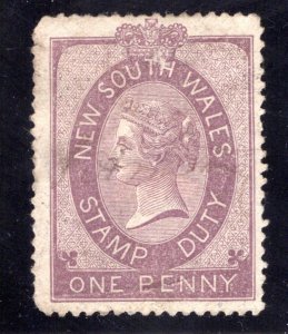 1865 New South Wales, One Penny Stamp Duty, Used, no w/m, thin paper, typograph