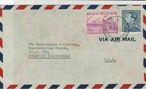 Belgium 1951 Airmail Brussels Cancel Ship + Man Stamps Cover to USA Ref 34809