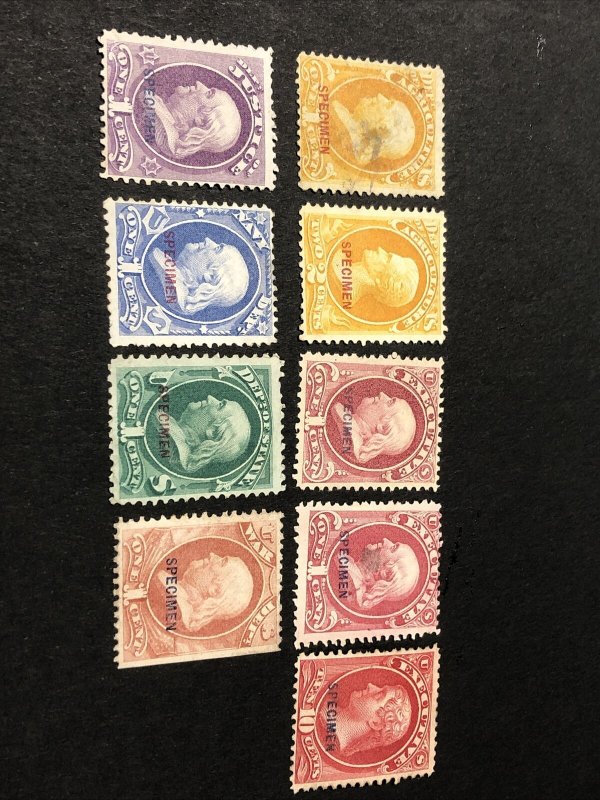 9 Official Specimen Stamps No Gum 01S, 02S, 2x 10S, 14S, 25S, 35S, 57S & 83S.