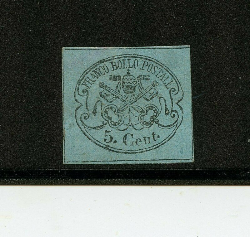 Italy-Roman States #14 (IT219) Papal Arms 5c black on light blue, U, FVF,CV$215.