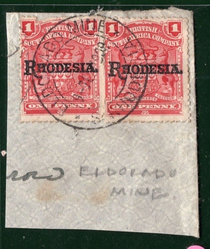 RHODESIA BSACo Stamps *ELDORADO (GOLD) MINE* CDS Postmark 1d PAIR Used PINK91