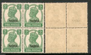 India NABHA KG VI 9ps SG 107 / Sc 102 BLK/4 Cat £12 MNH