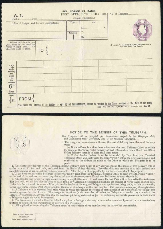 TP18b KEVII 6d Post Office Telegraph Form McCorquodale and Co PERFIN GMandG