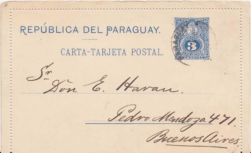 Paraguay 3c Numeral Letter Card with selvedge c1895 Aeropost, Paraguay to Bue...