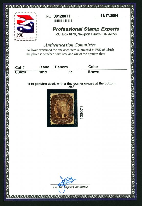 U.S. #29 Used with PSE Cert 
