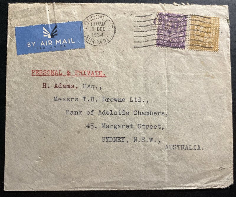 1934 London England Airmail Cover Perfin Stamp To Sydney Australia