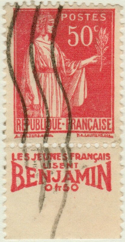 FRANCE - 1933 pub BENJAMIN (jeunes français...) sur Yv.283 50c Paix t.I (A1)