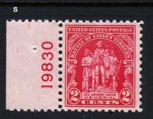 1929 Fallen Timbers Sc 680 MNH plate number, Hebert CV $15