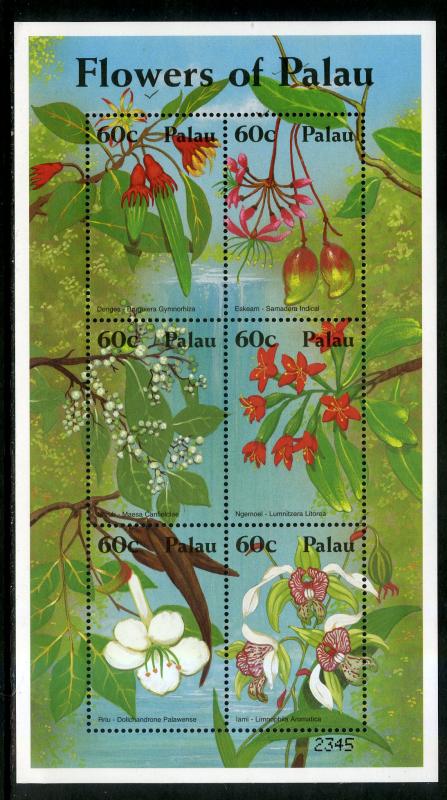 PALAU 674 MNH S/S SCV $7.25 BIN $4.50 FLOWERS