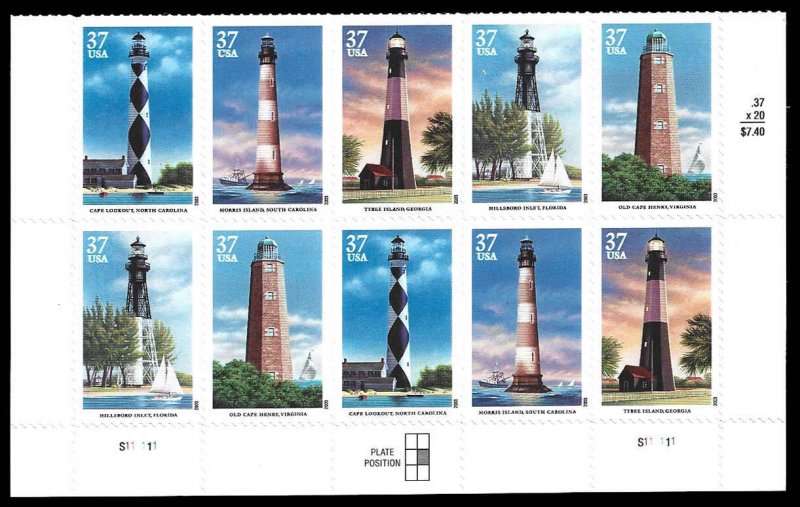 PCBstamps   US #3787/3791 PB $3.70(10x37c)SE Lighthouses, (S11111), MNH, (1)