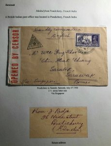 1940 Pondichery India Censored Cover To Saratok Sarawak Via Singapore