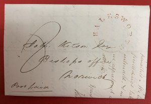 Great Britain, 1837 Stampless Cover & Letter, red HALESWORTH Postal Marking