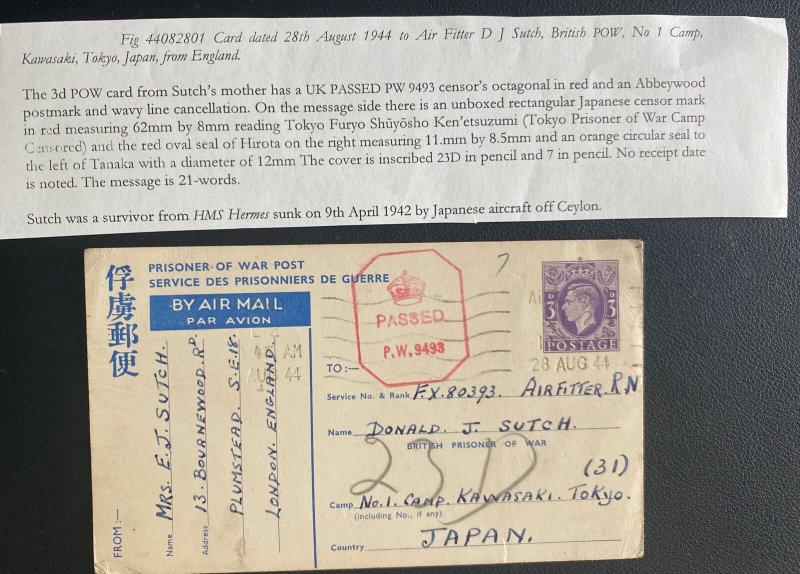 1944 London England Postcard Censored Cover To Camp 1 Kawasaki Group Tokyo Area