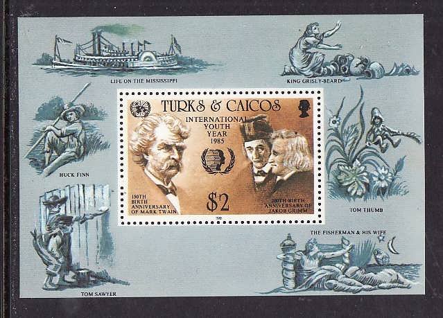 Turks & Caicos Is.-Sc#675-unused NH sheet-Int'l Youth Year-Mark Twain-Grimm Bro