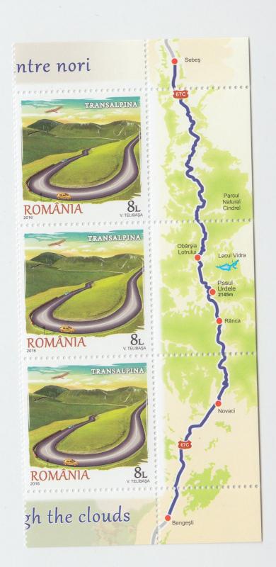 ROMANIA 2016 STAMPS Transalpina motorway labels MNH Carpathian mountains map car