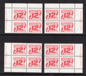 Scott J36a, 12c, VF, MNHOG, 4th issue, Set of 4 Plate Blocks of 4, Canada Postag