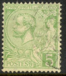 MONACO 1891-1921 5c Yellow Green Prince Albert I Issue Sc 14 VFU