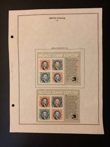 US 1989 world stamp expo S.S 2 stamps new with album page