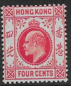 HONG KONG SG93 1907 4c CARMINE-RED MTD MINT