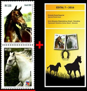 3329 BRAZIL 2016 RELATIONSHIP WITH SLOVENIA, HORSES, RHM C-3592-93, MNH+BROCHURE