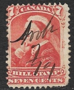 CANADA 1868 QV 7c Orange BILL STAMP REVENUE VDM. FB44 Used