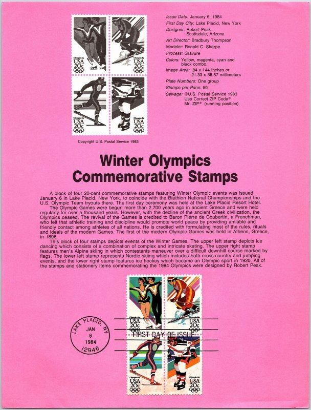 USPS SOUVENIR PAGE 1984 WINTER OLYMPICS SETENANT SET OF (4) 1984