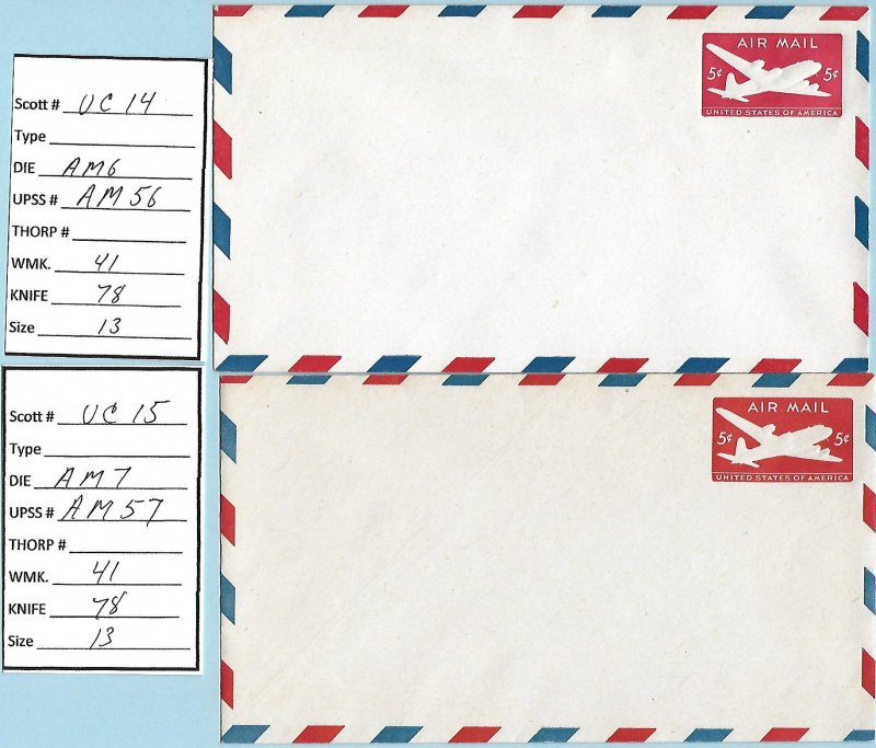 Scott#  UC14-15   UPSS#AM 56-57   Watermark 41    US air mail envelope.