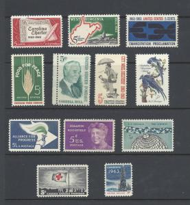 U.S. 1963 Commemorative Year Set 12 MNH Stamps