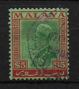 MALAYA SELANGOR SG85 1936 $5 GREEN & RED ON EMERALD PAPER USED