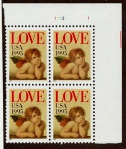 1995 Love Cupid Valentines Plate Block of 4 32c Postage Stamps, Sc#2948, MNH, OG