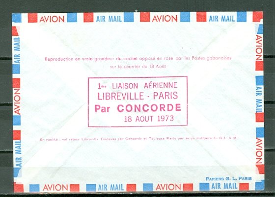 GABON 1973 CONCORDE CACHET to TOULOUSE 1st FLIGHT COVER #C138...VERY NICE