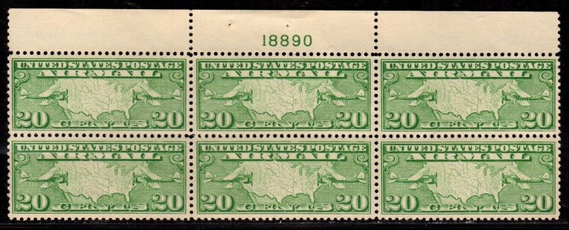 C9  U.S. Airmail Top Plate Block 6 Mint, o.g.,Never Hinged  