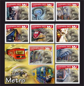 Stamps. Transport. Metro 2023 year block + 8 stamps  perf Tanzania NEW