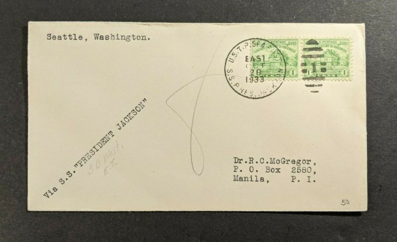 1933 SS Pres Jackson USTP Sea Post Cover Seattle Washington to Manila PI