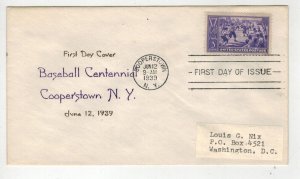 1939 BASEBALL CENTENNIAL 855-71A NIX CACHET COOPERSTOWN NY CV $100