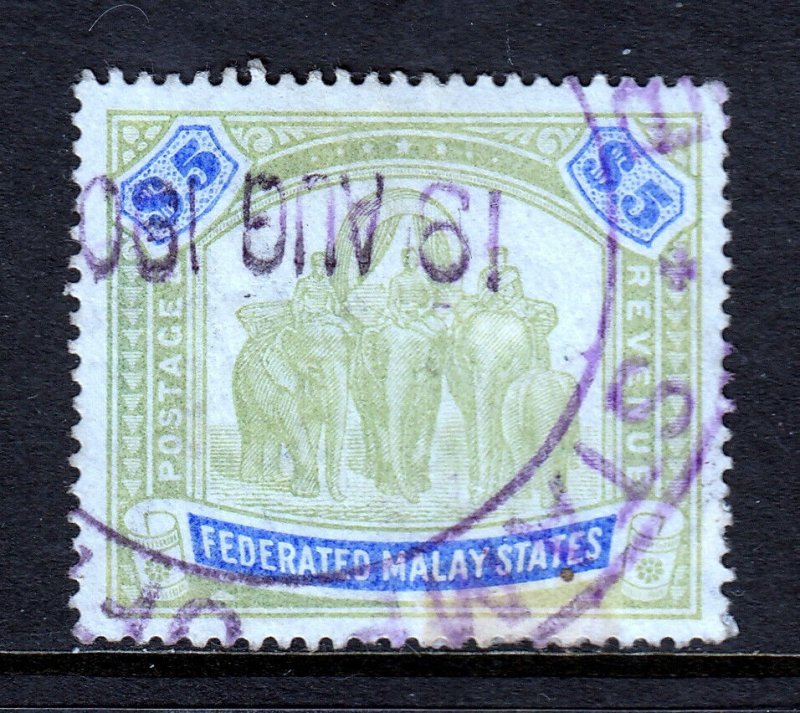 MALAYA — SCOTT 16 — 1900 $5 ELEPHANTS & HOWDAH — USED, REVENUE CANCEL — SCV $20