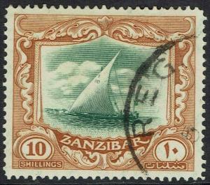 ZANZIBAR 1936 DHOW 10/- WMK MULTI SCRIPT CA USED 