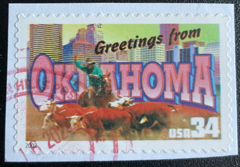 US #3592 Used Single OP Greetings from Oklahoma SCV $.60