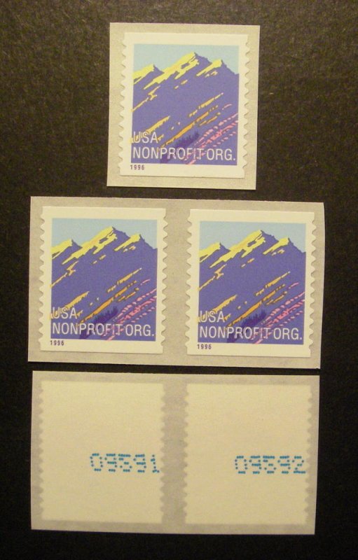 Scott 2904A, 5c Nonprofit Mountain, Pair & Single, MNH Coil Beauties