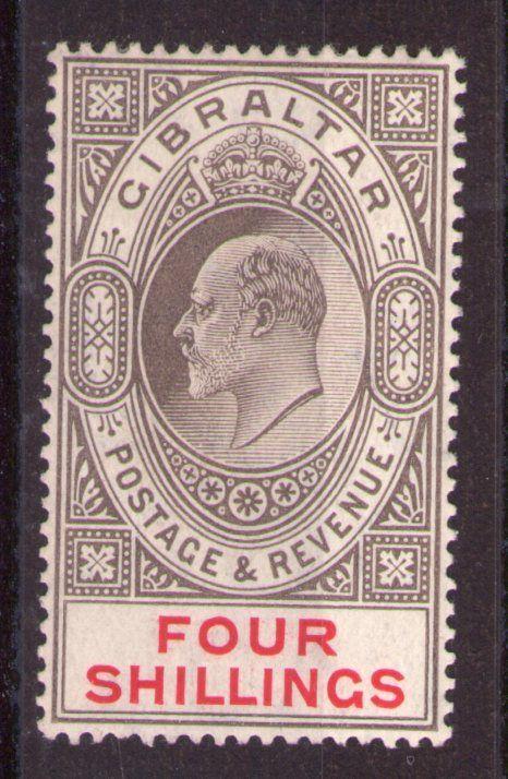 GIBRALTAR 1910 4/- SG73 Black and carmine almost MNH. Cat.£170 superb!