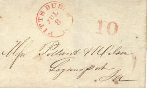 Stampless Folded Letter Pittsburgh, Pa. to Logansport, Ind.