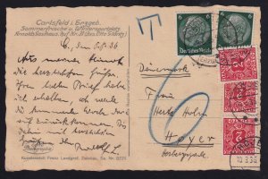 Germany 1936 Denmark Postage Due Postcard Carlsbad to Hoyer