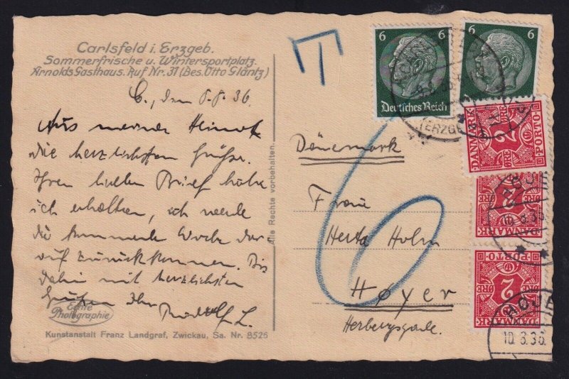 Germany 1936 Denmark Postage Due Postcard Carlsbad to Hoyer